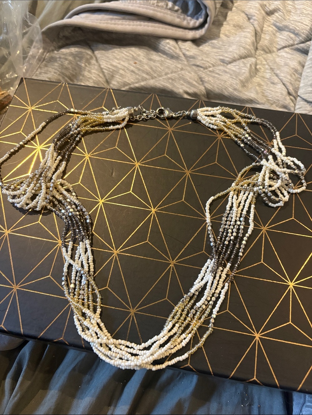 Multi-Strand Seed Bead Necklace in White, Gold & Black